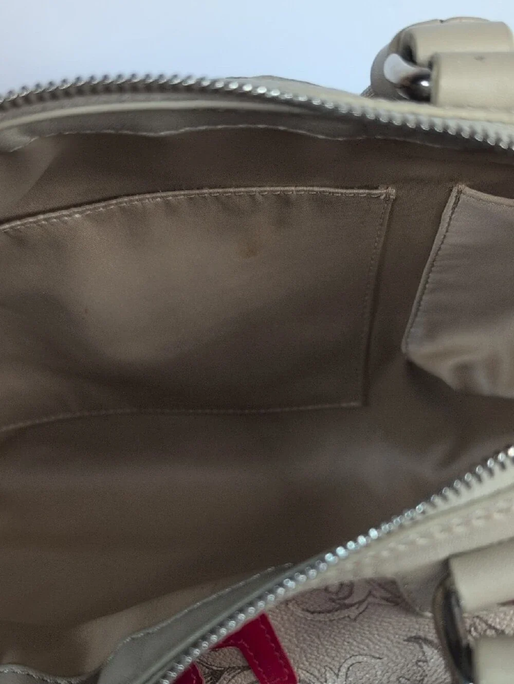 Versace Vintage Brocco Beige/Red Leather Boston Bag